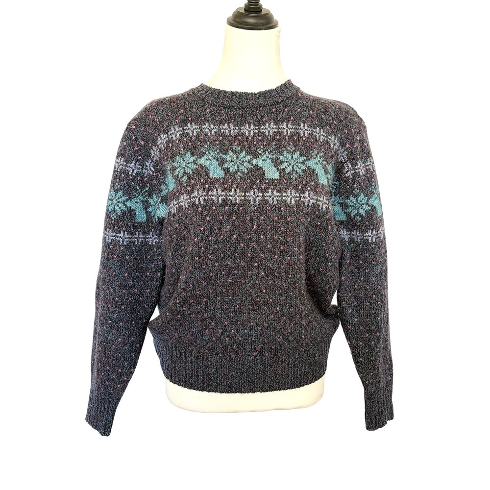 VTG 70s Shetland Wool Blend Fair Isle Sweater Women's L Moose‎ Snowflake